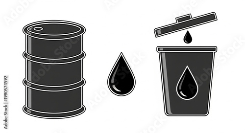 Oil barrel and trash can with oil drops illustration.