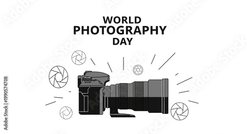 World Photography Day Celebration with Camera Lens Illustration.