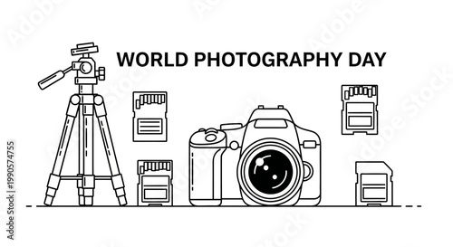 World Photography Day Celebration with Camera Gear Illustration.