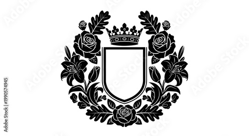 Black and white heraldic crest emblem with crown and roses.