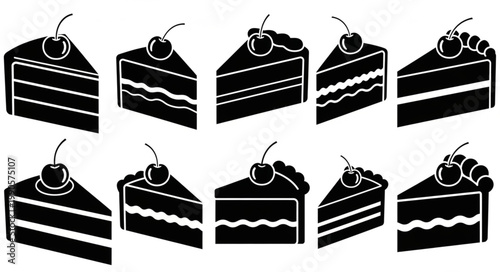Collection of Black Silhouette Slices of Cake with Cherries.