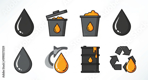 Set of icons representing oil industry and recycling symbols.