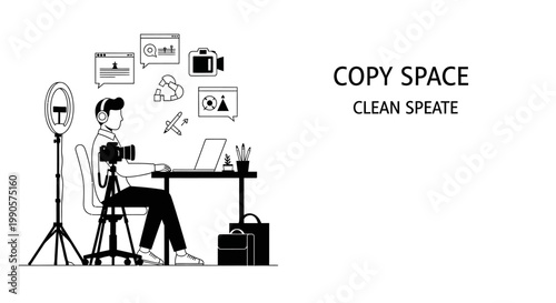 Young man creating content with camera and laptop.