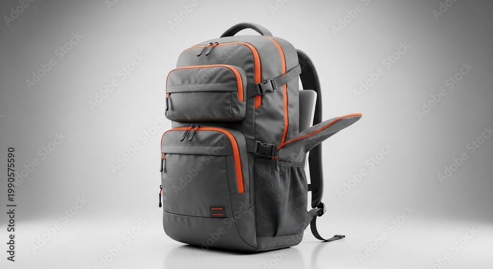 Naklejka premium Gray backpack with orange accents on a white background