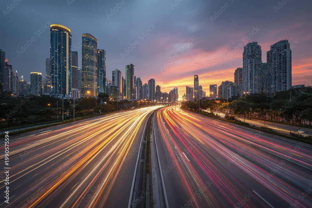 Fototapeta premium Long exposure city highway at sunset with vibrant light trails from fast moving vehicles, surrounded by modern skyscraper buildings and urban landscape under colorful sky