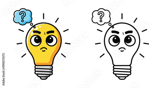 Cartoon Light Bulb Character with Thinking Expression Colored and Line Art Vector Illustration for Coloring Page and Creative Design
