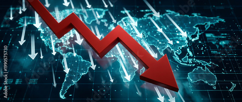 Global Economic Crisis and Financial Market Decline with a Red Downward Arrow on a Digital World Map, Symbolizing Recession
