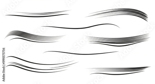 Abstract gray gradient swooshes, motion blur lines, dynamic wave shapes, vector graphic elements