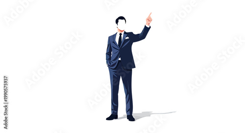 Businessman in a Professional Navy Blue Suit Pointing Finger Upwards, Minimalist Vector Illustration of Male Executive Presenting an Idea