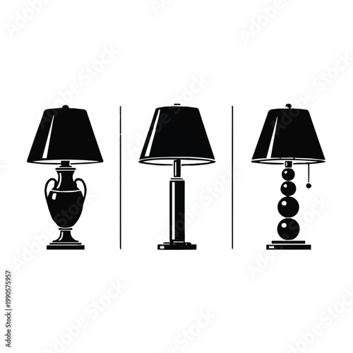 Three different styles of table lamps with black shades