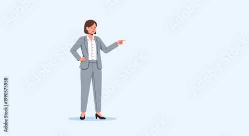 Professional Businesswoman in Grey Suit Standing and Pointing Aside on Light Background