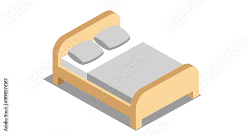 Isometric Double Bed Vector Illustration with Wooden Frame, Pillows, and Blanket for Bedroom Interior Design