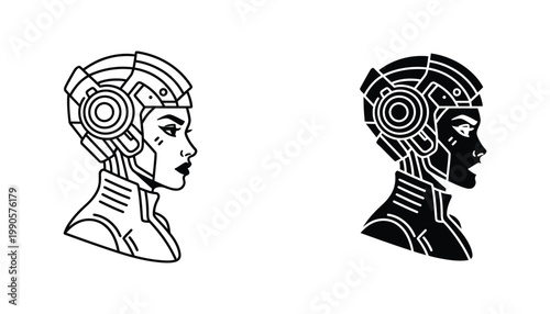 Cybernetic female cyborg head profile icon set with tech headset in line art and solid black silhouette styles for science fiction and artificial intelligence concepts isolated on white background