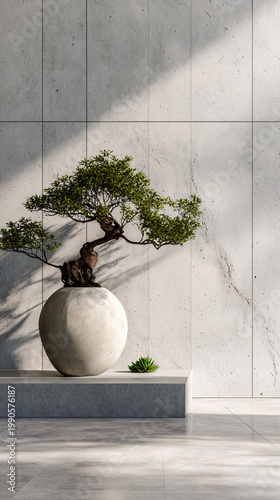 Elegant bonsai tree in modern minimalist interior design setting