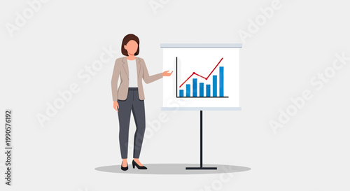 Professional Businesswoman Presenting Financial Growth and Data Analysis on a Flipchart