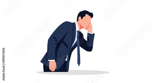 Businessman in Suit Leaning Forward and Listening Intently with Hand to Ear, Vector Illustration for Business Secrets, Corporate Eavesdropping, and Office Gossip Concepts