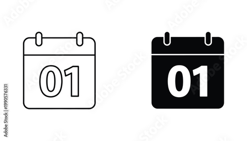Minimalist calendar page with 01 date icon in outline and solid black vector style for planning and scheduling branding