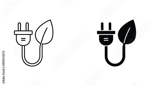 Electric plug with green leaf icon set in outline and solid black vector styles for renewable energy and sustainable power concept design