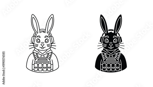 Tactical bunny character wearing headset and chest rig in outline and solid black silhouette vector format for gaming mascot design