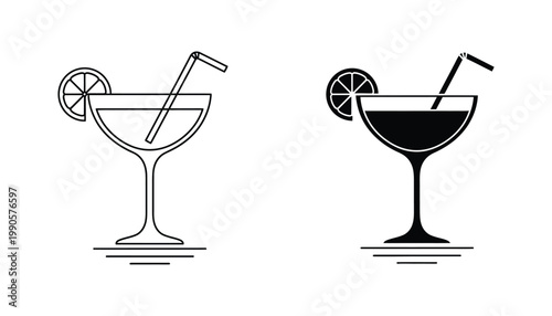 Minimalist cocktail glass icon with lime wedge and drinking straw in outline and solid black silhouette styles for bar menu design