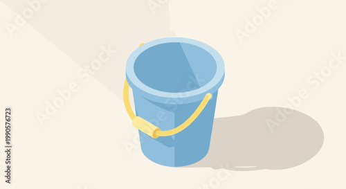Isometric Blue Plastic Bucket Illustration with Yellow Handle on Neutral Background