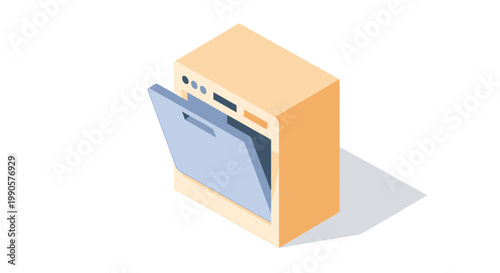 Isometric vector illustration of a modern dishwasher with an open door, household kitchen appliance icon isolated on white background