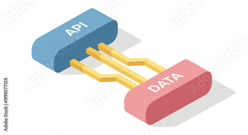 Isometric Vector Illustration of API Interface Connecting to Data Storage, Representing Software Development and Information Integration
