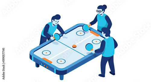 Isometric Vector Illustration of Friends Playing Air Hockey Game Together