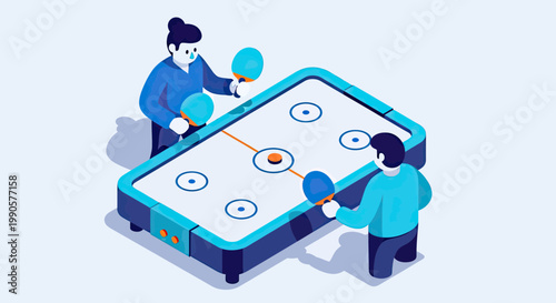 Isometric Vector Illustration of a Man and Woman Playing Air Hockey, Competitive Leisure Activity