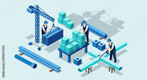 Isometric construction and manufacturing process with professional workers using industrial equipment and materials in a factory setting.