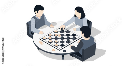 Group of people playing checkers board game at a round table, isometric vector illustration of friends enjoying leisure activity
