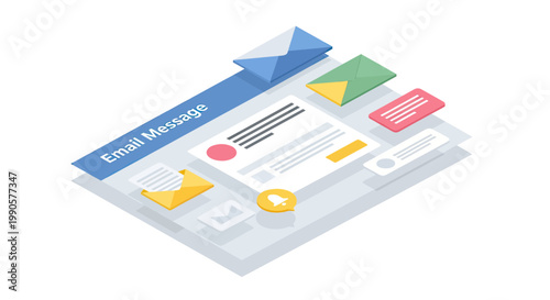 Isometric Digital Email Message Interface Design with Envelopes and Alerts for Communication Software Concept