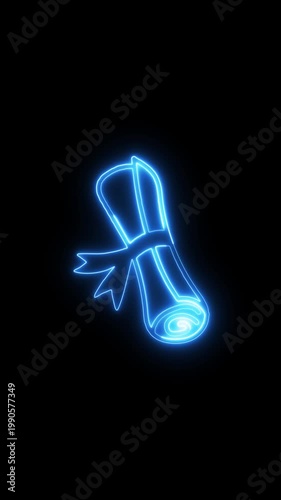 A glowing neon diploma with a ribbon lies on a dark background