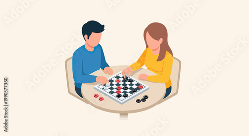 Young Couple Playing Checkers Board Game Together on a Round Table, Isometric Vector Illustration of People Enjoying Indoor Leisure Activity