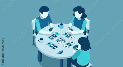 Group of friends sitting at a round table playing a card game together, isometric vector illustration for leisure and social activity concept
