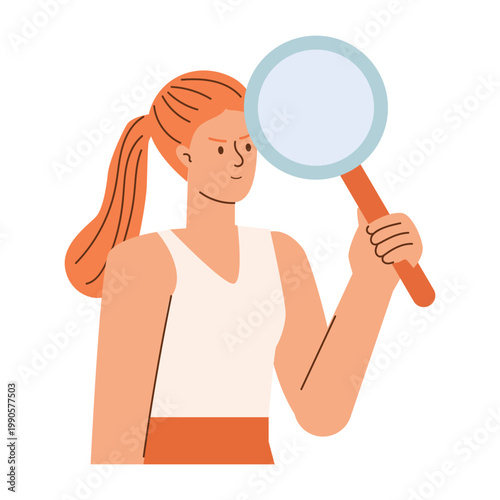 Illustration of a confident female character holding a magnifying glass, wearing a sleeveless top with a ponytail, set against a simple white background