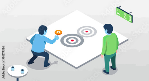 Isometric Illustration of Two Men Playing a Target Arcade Game or Air Hockey in a Leisure Center with Scoreboard
