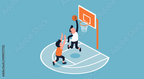 Isometric basketball game illustration with players jumping to dunk and defending on a stylized court
