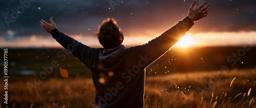 Happy man raising hands in golden sunset field, freedom and success concept, emotional lifestyle scene, warm sunlight, personal achievement, motivation, positive energy and inspiration background with