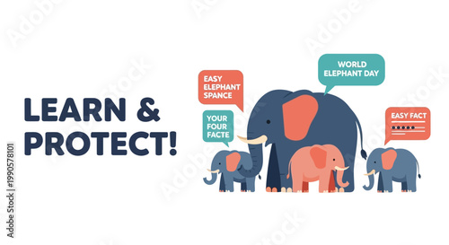 Illustration of a family of elephants with educational speech bubbles for World Elephant Day.