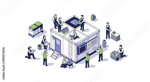 Isometric 3D vector illustration of open scissors with red and blue handles, isolated on white background, ideal for craft, education, office, and sewing themes.