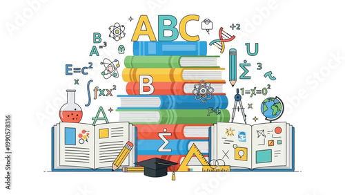 Back to School Concept with Stack of Books and Education Science Symbols Illustration