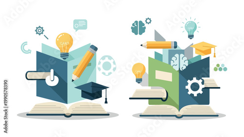Back to School Concept with Stack of Books and Education Science Symbols Illustration