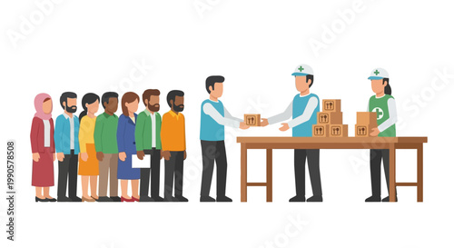 Diverse group of people standing in line to receive aid from volunteers at a distribution table.