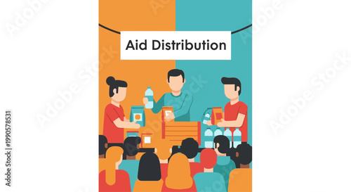 Vector illustration of volunteers distributing food and water supplies during an aid distribution event.