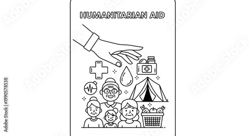 Humanitarian Aid Coloring Page with Hand Helping a Family and Medical Icons.