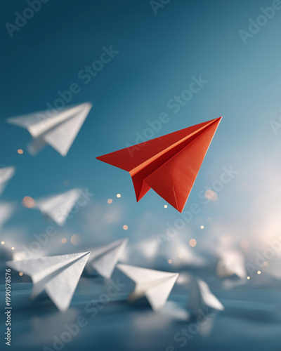 Wallpaper Mural Soaring Above the Ordinary: A red paper airplane leads a formation of white airplanes against a backdrop of a vibrant sky, symbolizing leadership, innovation, and taking flight towards new horizons. Torontodigital.ca