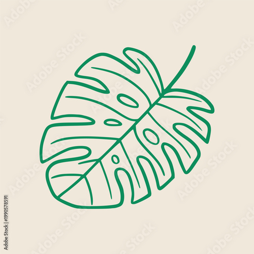 Monstera leaf illustration with detailed line art on a light beige background, showcasing the unique shape and texture of the tropical plant