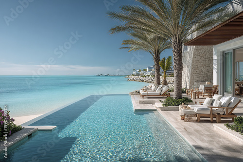 Luxury vacation property with infinity pool and palm trees by calm turquoise ocean under clear blue sky, featuring comfortable lounge chairs and modern outdoor seating area