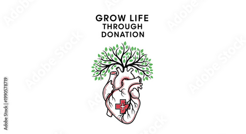 Anatomical human heart illustration with a tree growing out of it symbolizing organ donation and life.